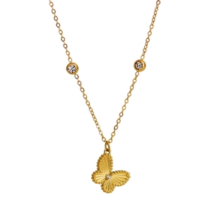 Elegant gold butterfly pendant necklace with radiant texture and sparkling zircon stones