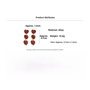 Detailed size view of vintage red heart earrings with rose patterns and alloy dimensions