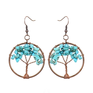 Macro detail of handmade Tree of Life earrings with turquoise stones in bronze frames