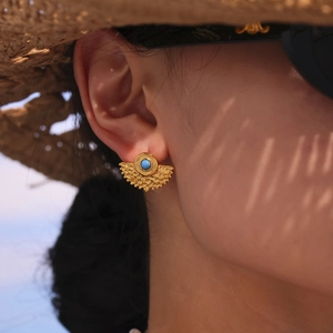 Bohemian gold fan-shaped stud earrings with blue turquoise stone inlay for women