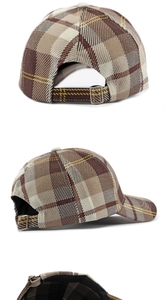 Detailed back view of plaid baseball cap showing metal buckle and woven fabric texture