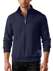 Detail of dark blue half-zip knit sweater showing cable knit texture and metal zipper