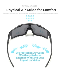 Detail of sports cycling sunglasses showing the physical air guide system for wind protection