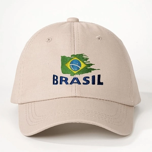 Beige adjustable cotton baseball cap with embroidered Brazil flag and Brasil text design