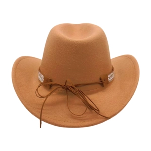 Detailed view of camel wool fedora hat with silver rhinestone band and leather bow accent