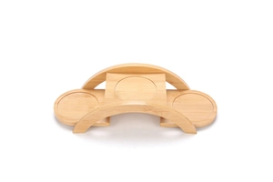 Detailed view of an arched natural bamboo display stand with clear wood grain texture
