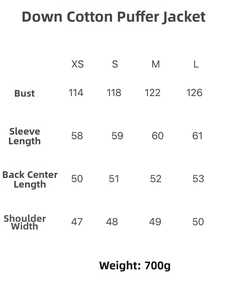 Detailed size guide for women floral puffer jacket showing bust and length measurements