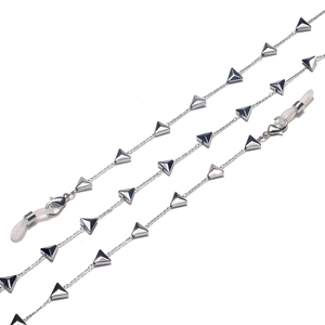 Silver stainless steel eyeglass chain with geometric triangle charms and anti-slip loops