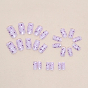 Romantic purple press-on nails with dried flowers and silver foil in square-oval shape