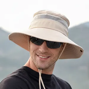 Khaki outdoor sun hat for men with wide brim and breathable mesh for fishing and hiking
