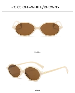 Close-up of off-white oval sunglasses with brown lenses from front and side angles
