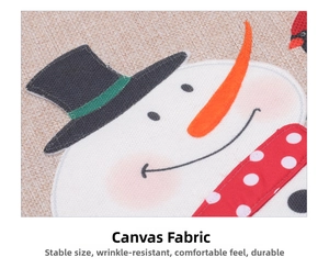 Macro shot of linen fabric texture featuring a snowman print for Christmas decor
