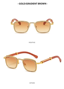 Macro view of gold diamond-set square frame sunglasses with luxury wood grain temples