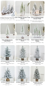 Detailed grid showing mini artificial Christmas trees in various sizes with snow and LED light