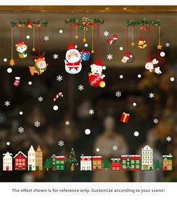 Detailed Christmas window stickers with Santa, reindeer, and colorful houses scenery