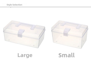 Detailed view of clear plastic storage boxes in large and small sizes with top handles