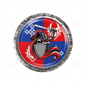 7-inch round paper plate with medieval knight illustration and red blue shield pattern