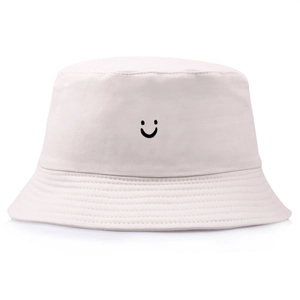 White cotton fisherman bucket hat with minimalist black smiley face embroidery for summer
