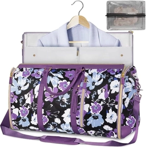 Detail of purple floral travel bag with interior garment section and mesh pouch