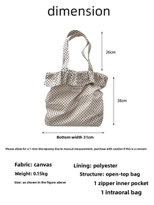 Polka dot canvas tote dimensions showing 38cm height and 26cm handle drop length