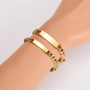7mm gold stainless steel cuboid curb link bracelet with blank engravable ID plate tag