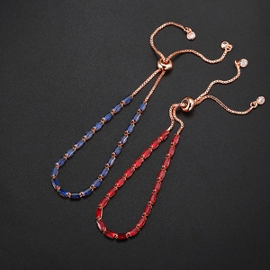 Adjustable rose gold tennis bracelet with rectangular blue and red zircon gemstones