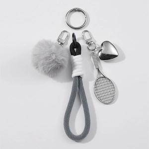 Exquisite crystal bow keychain with grey pompom and silver tennis racket heart charms