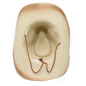 Dettaglio dell'interno del cappello da cowboy con cinturino regolabile e fibra di paglia