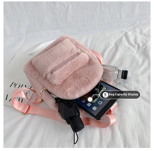 Pink plush backpack interior detail showcasing large capacity for tablet and daily items