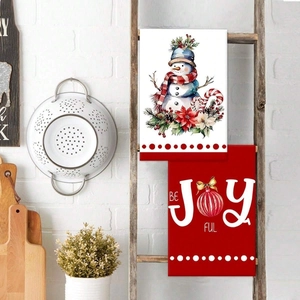 Set of 2 Christmas kitchen towels with snowman print and Be Joyful festive message