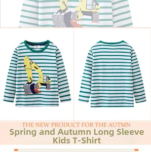 Close-up of green and white striped children's cotton tee with yellow excavator embroidery