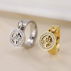Titanium Steel Tree Of Life Pendant Ring For Women Minimalist Fashion Inlaid Rhinestone Gold Silver Color Geometric Jewelry Gift