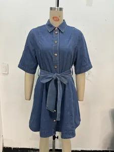 Detail eines mittelblauen Jeanskleides mit Reverskragen und durchgehender Knopfleiste
