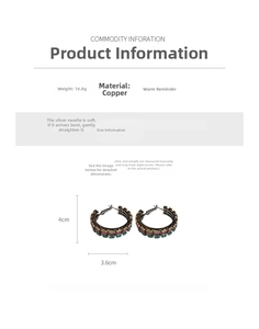 Size chart showing 4cm vintage hoop earrings with multicolored zircons and 16.8g weight