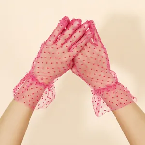 Elegant rose pink polka dot mesh gloves with tiered ruffle lace cuffs for women