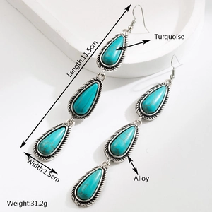 Detail view of turquoise drop earrings with dimensions 11.5cm by 1.5cm on white plate
