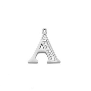 Minimalist stainless steel letter A pendant with sparkling rhinestones in silver finish