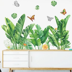 Tropical Monstera Leaves Wall Stickers PVC Self Adhesive Banana Leaf Butterfly Floral Decals For Bedroom Living Room Decor
