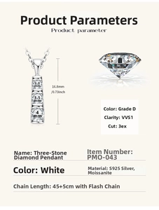 Detailed size chart for S925 sterling silver necklace with 3 graduated moissanite stones