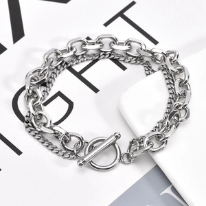Pulsera de doble cadena de acero inoxidable plateado con cierre de palanca OT punk
