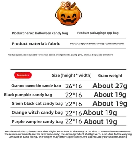 Size chart for Halloween candy bags showing dimensions and weights of various designs