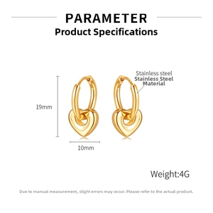 Detailed size specifications for gold heart hoop earrings in polished stainless steel