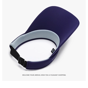 Detail of dark blue sun visor with breathable mesh lining and adjustable back strap buckle