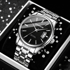 Silver stainless steel watch with black dial and date display on velvet gift box