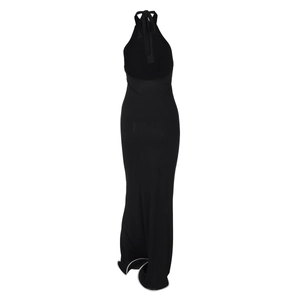 Detail showing backless halter neck design and slim fit texture of this black maxi dress