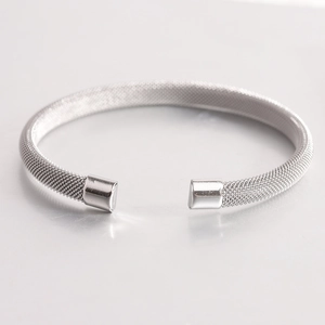 Minimalist 7mm silver stainless steel mesh cuff bracelet with polished ends for women