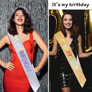 Glittering Birthday sash and headband set in silver and gold for party decorations