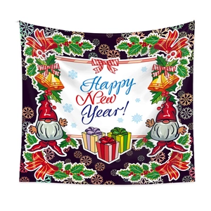 Macro shot of New Year tapestry detail with festive bells, gifts and holiday patterns