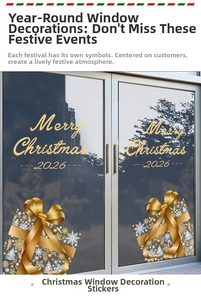 Golden Merry Christmas 2026 gift box stickers on glass window with festive snowflake details