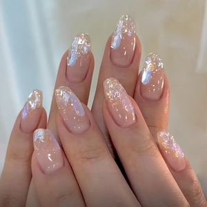 Aurora Star Nude Pink Gradient Press On Nails Long Trapezoid Ballerina Fake Nails With Glitter For Women Beauty Finger Decor